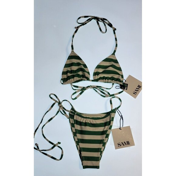 SAME LOS ANGELES Set 2pc Bikiny Swim Top Small Bottom High Weist Stripeed Green - Picture 3 of 10